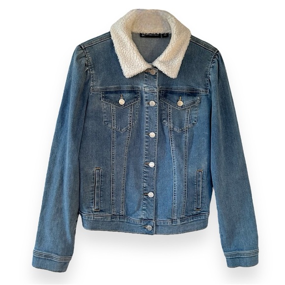 New York & Company Denim Jean Jacket w/ Sherpa Collar - Picture 1 of 17